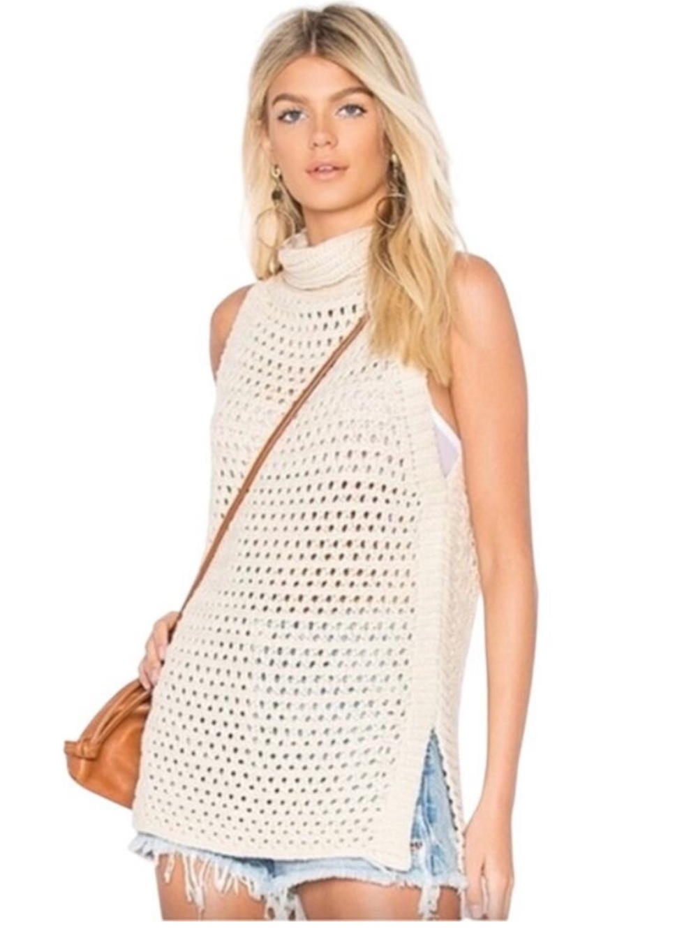 Free People Northern Lights Sleeveless Crochet Turtleneck Sweater Cream Large